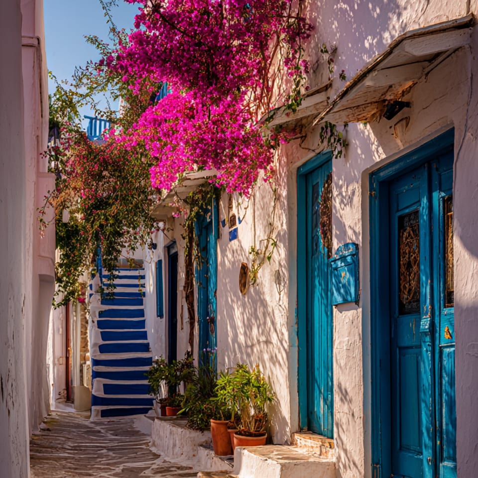 A narrow, sunlit alleyway with white buildings, vibrant pink bougainvillea, and blue doors and stairs.