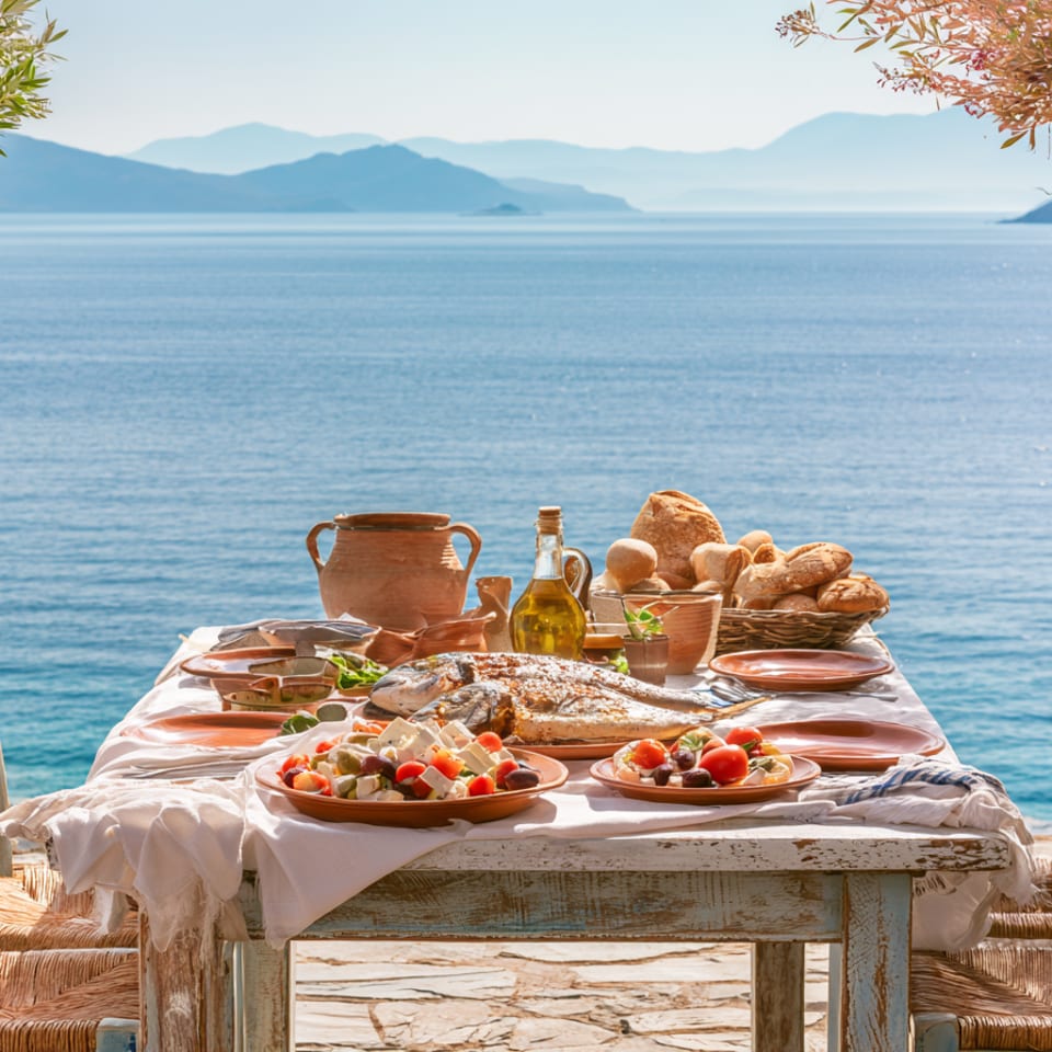 A rustic table set with Mediterranean food, including whole fish and salads, overlooking a blue sea.