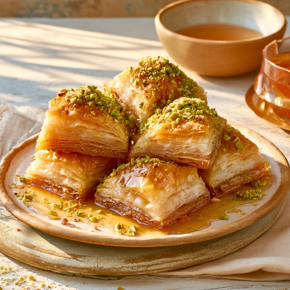 Golden baklava pieces, drizzled with honey and sprinkled with pistachios, on a rustic plate.