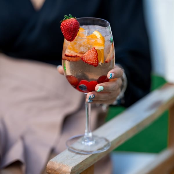 A person holds a wine glass filled with a refreshing drink, strawberries, and orange slices.