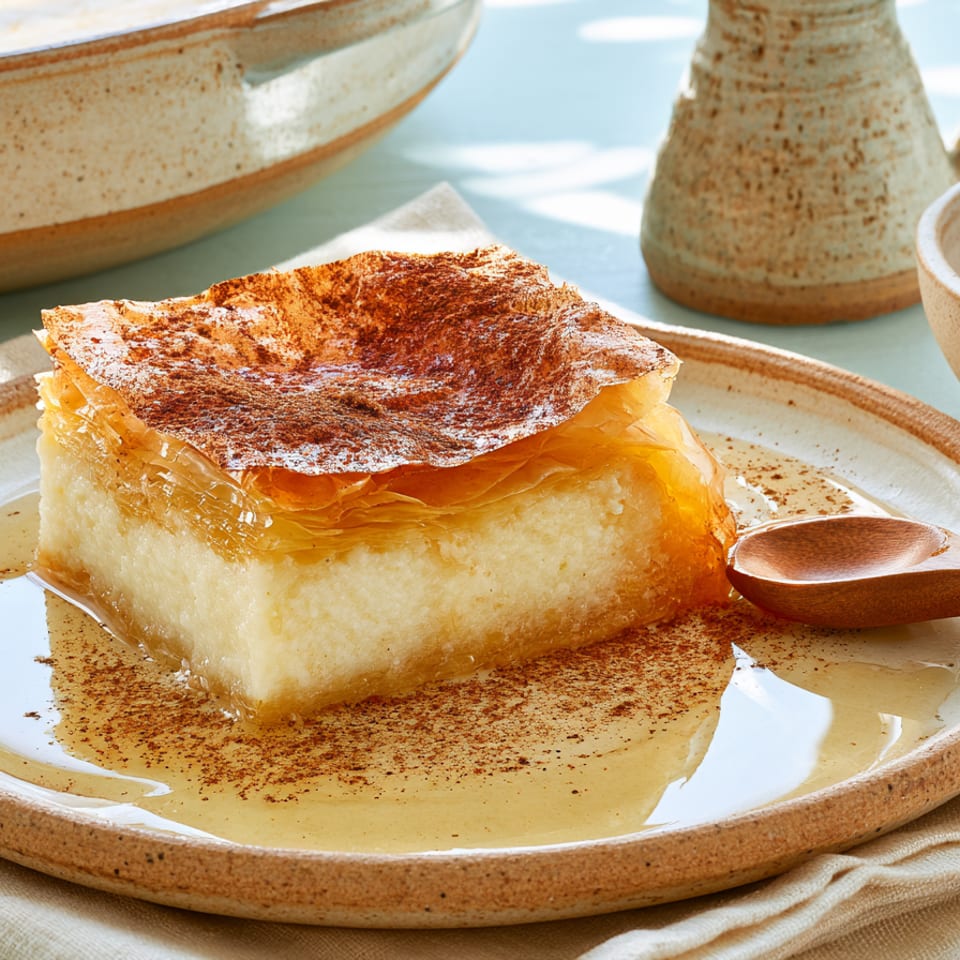 A square piece of bougatsa with honey and cinnamon on a ceramic plate with a wooden spoon.