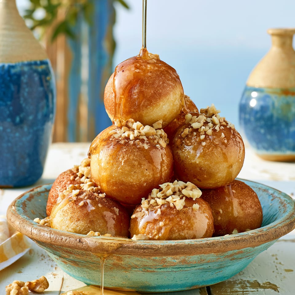 Golden loukoumades drizzled with honey and sprinkled with nuts in a blue bowl on a white table.