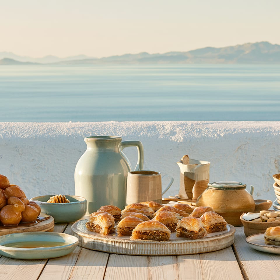 Loukoumades and baklava on a table overlooking the sea and mountains at sunset.